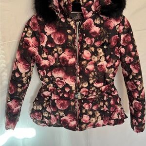 Le Chic size 11/12 Glamorous Pink Floral Puffer Jacket with Black Faux Fur
